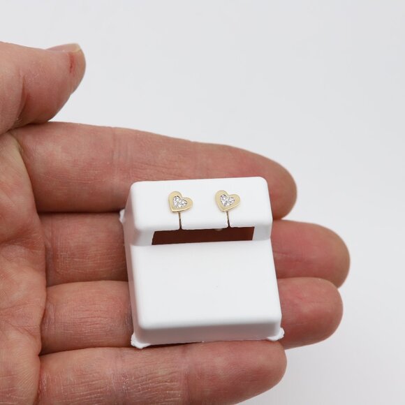14k Heart Stud Earring Screw Back Mini Size Lab Diamonds - Picture 5 of 6